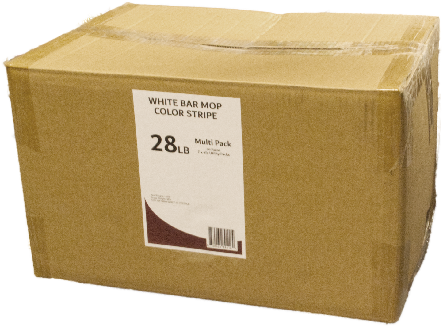 A multipack of 7x white bar mop with color stripe 4lb Polybags