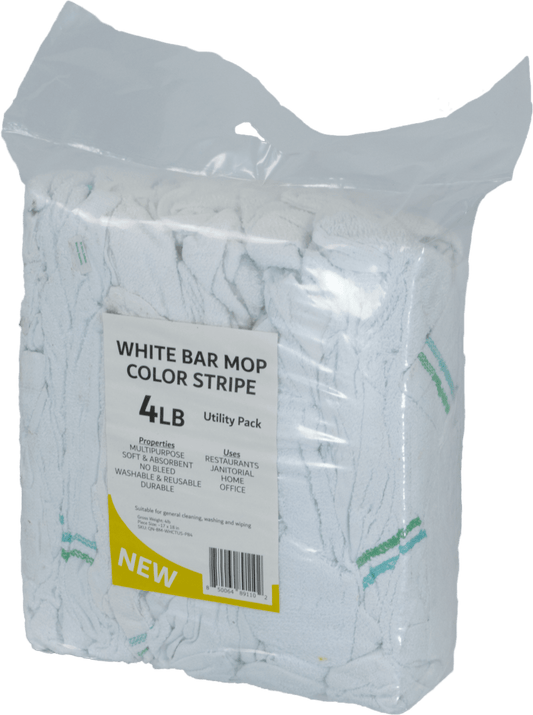 A bag of white bar mops wit a color stripe