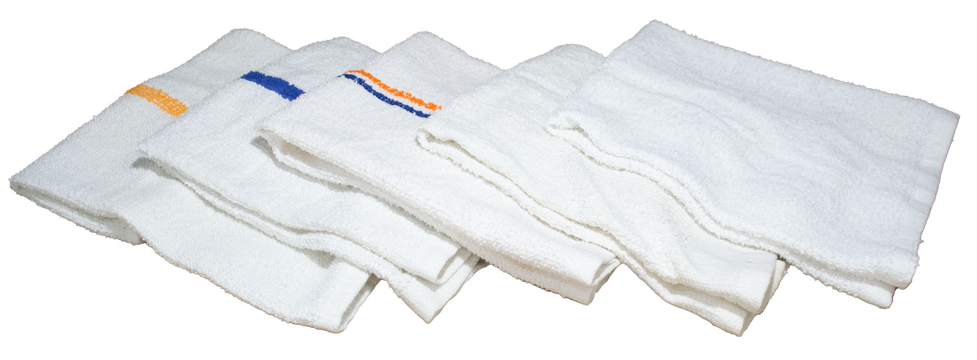 A selection of white bar mops, some with color stripes