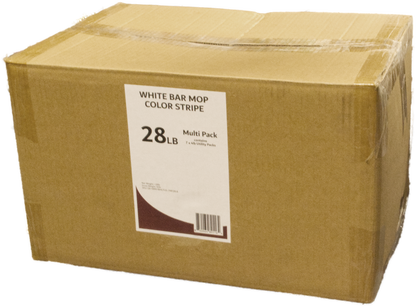 A multipack of 7x white bar mop with color stripe 4lb Polybags