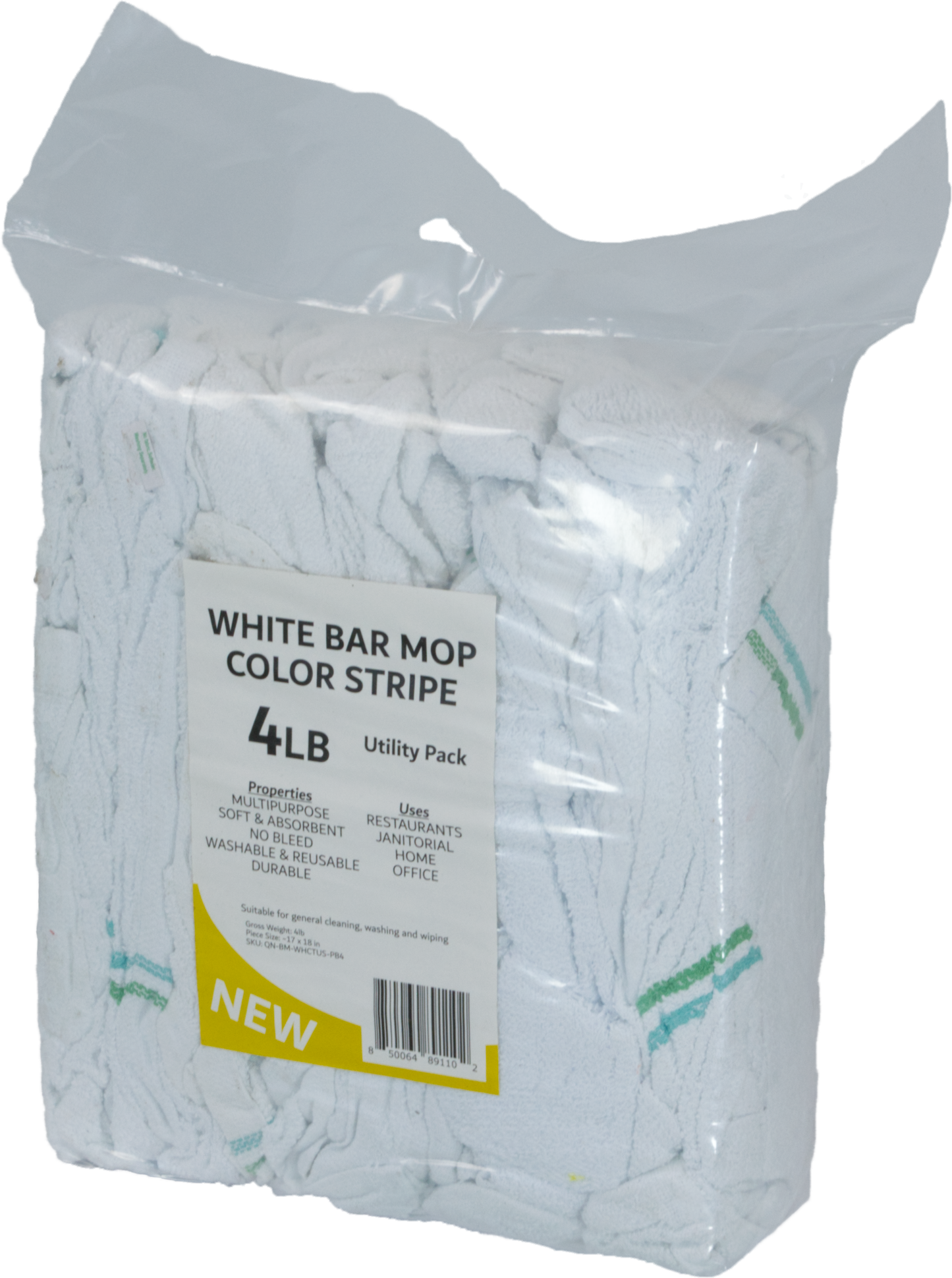 A bag of white bar mops wit a color stripe