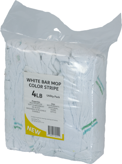 A bag of white bar mops wit a color stripe