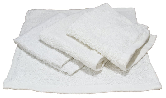 A stack of white terry wash cloths