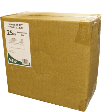 A box of white 12x12 cotton terry towels